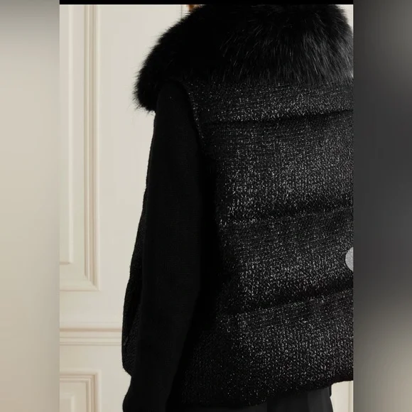 Moncler Carrelet faux-fur trimmed quilted metallic wool-blend tweed down vest